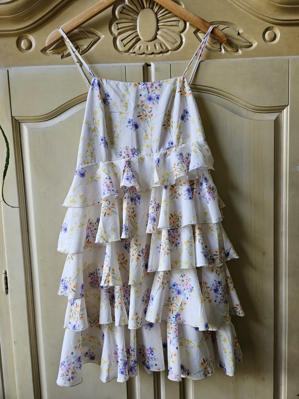 SHEIN Light Yellow Floral Ruffled Summer Dress with Purple & Yellow Blossoms